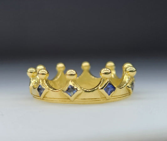 MADE TO ORDER - 18k Gold Crown Ring Blue Sapphire Gemstone Band