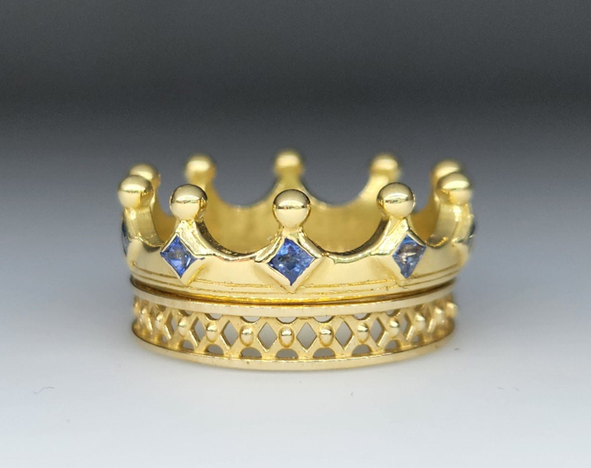 MADE TO ORDER - 18k Gold Crown Ring Blue Sapphire Gemstone Band