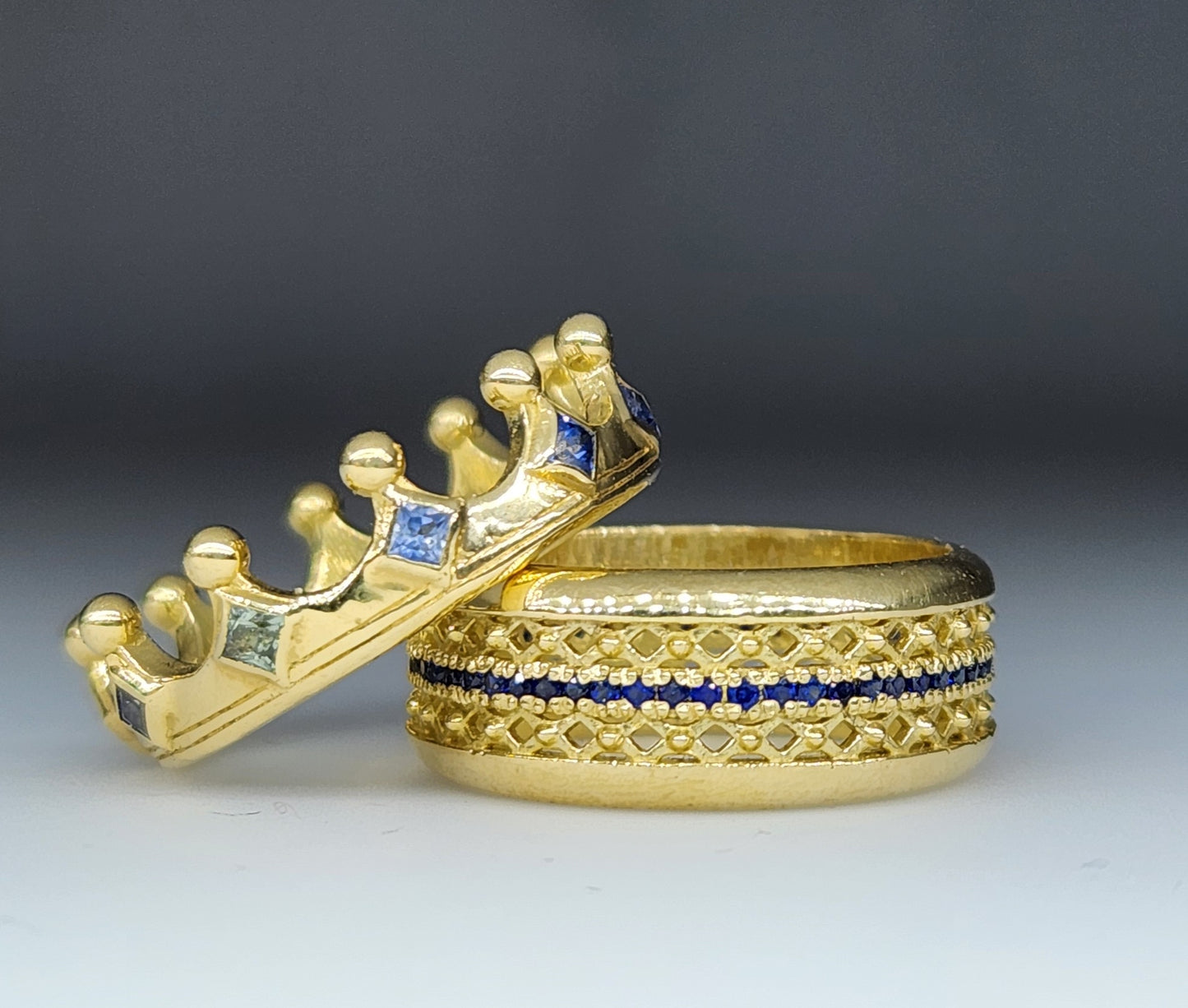 MADE TO ORDER - 18k Gold Crown Ring Blue Sapphire Gemstone Band