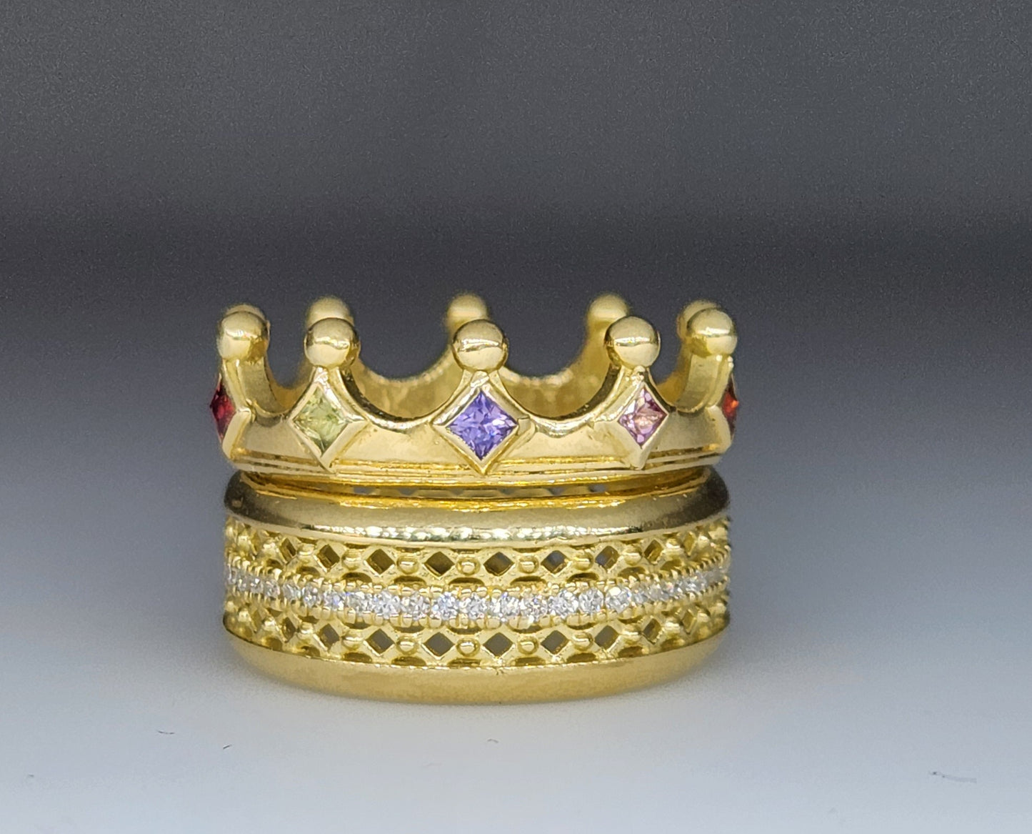 MADE TO ORDER - 18k Gold Crown Ring Multi-Color Sapphire Gemstone Band