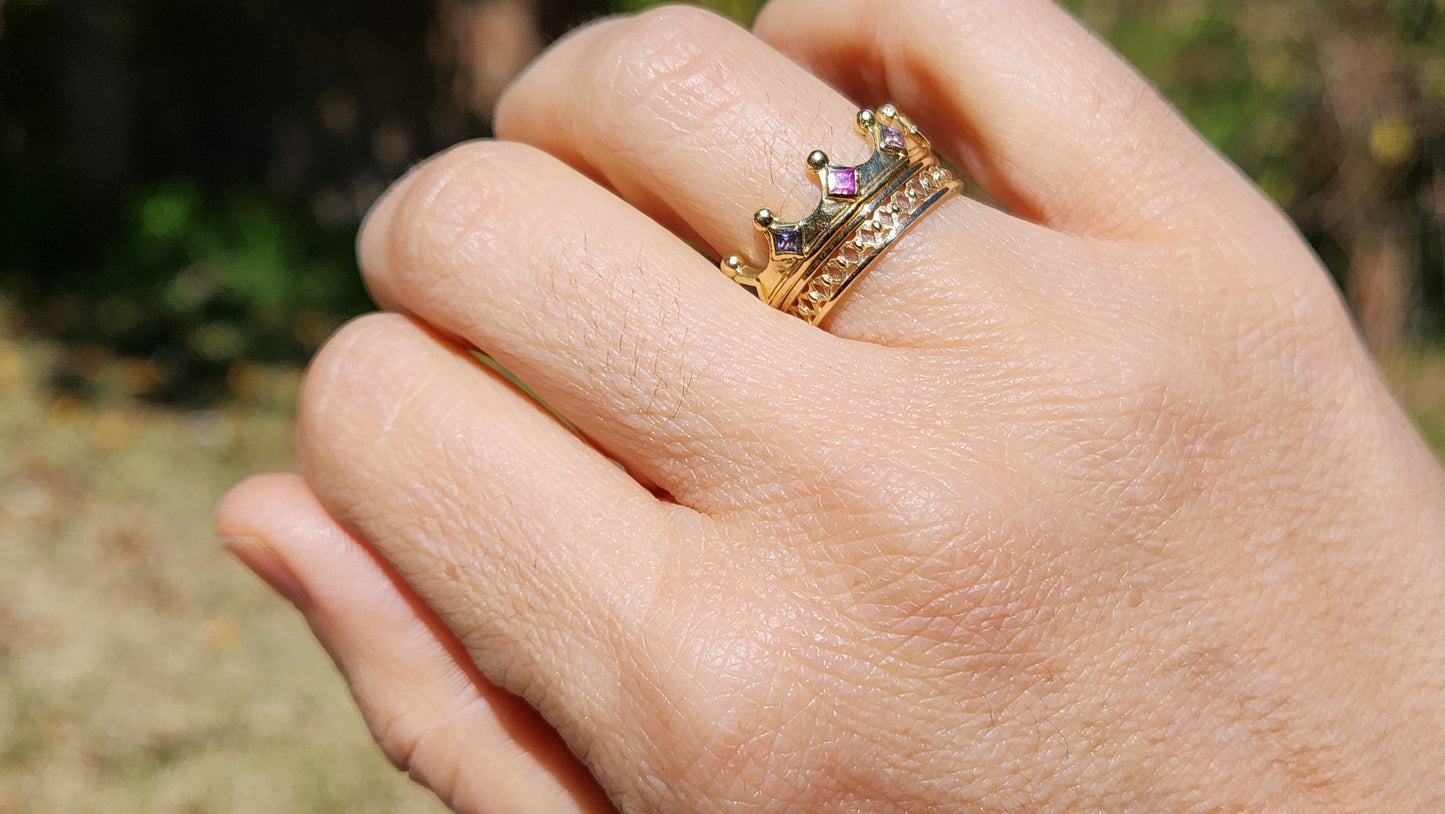 18k Gold Crown Ring Purple Sapphire Gemstone Band #385