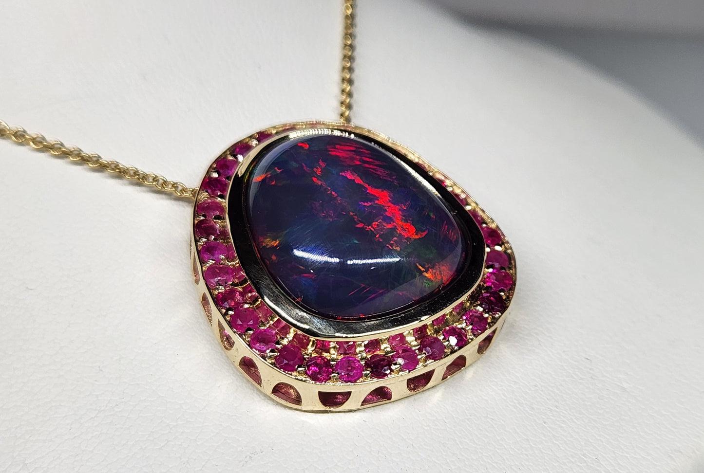 Black Opal & Ruby Pendant 14k Yellow Gold Necklace #397