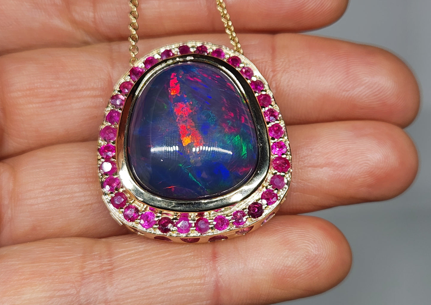 Black Opal & Ruby Pendant 14k Yellow Gold Necklace #397