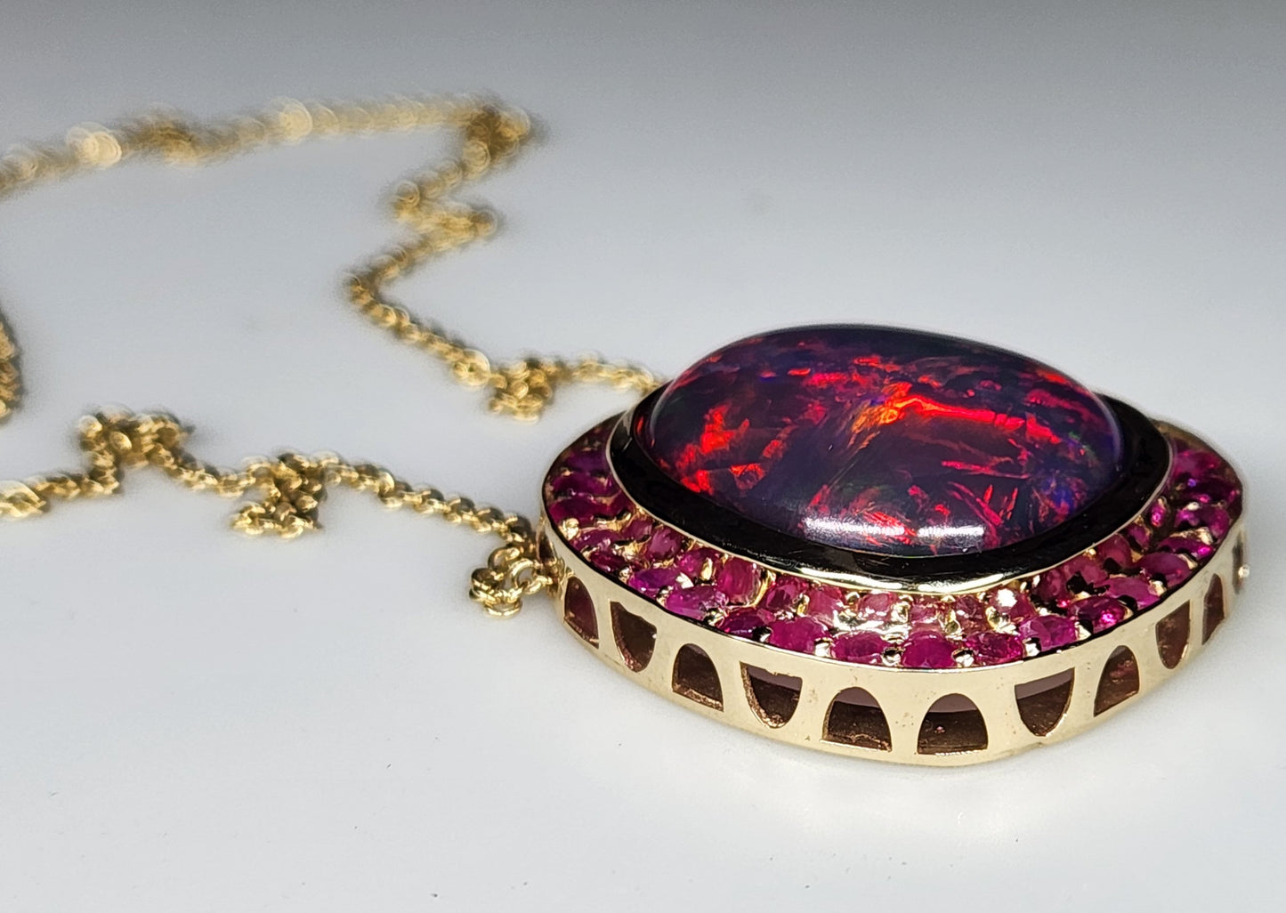 Black Opal & Ruby Pendant 14k Yellow Gold Necklace #397