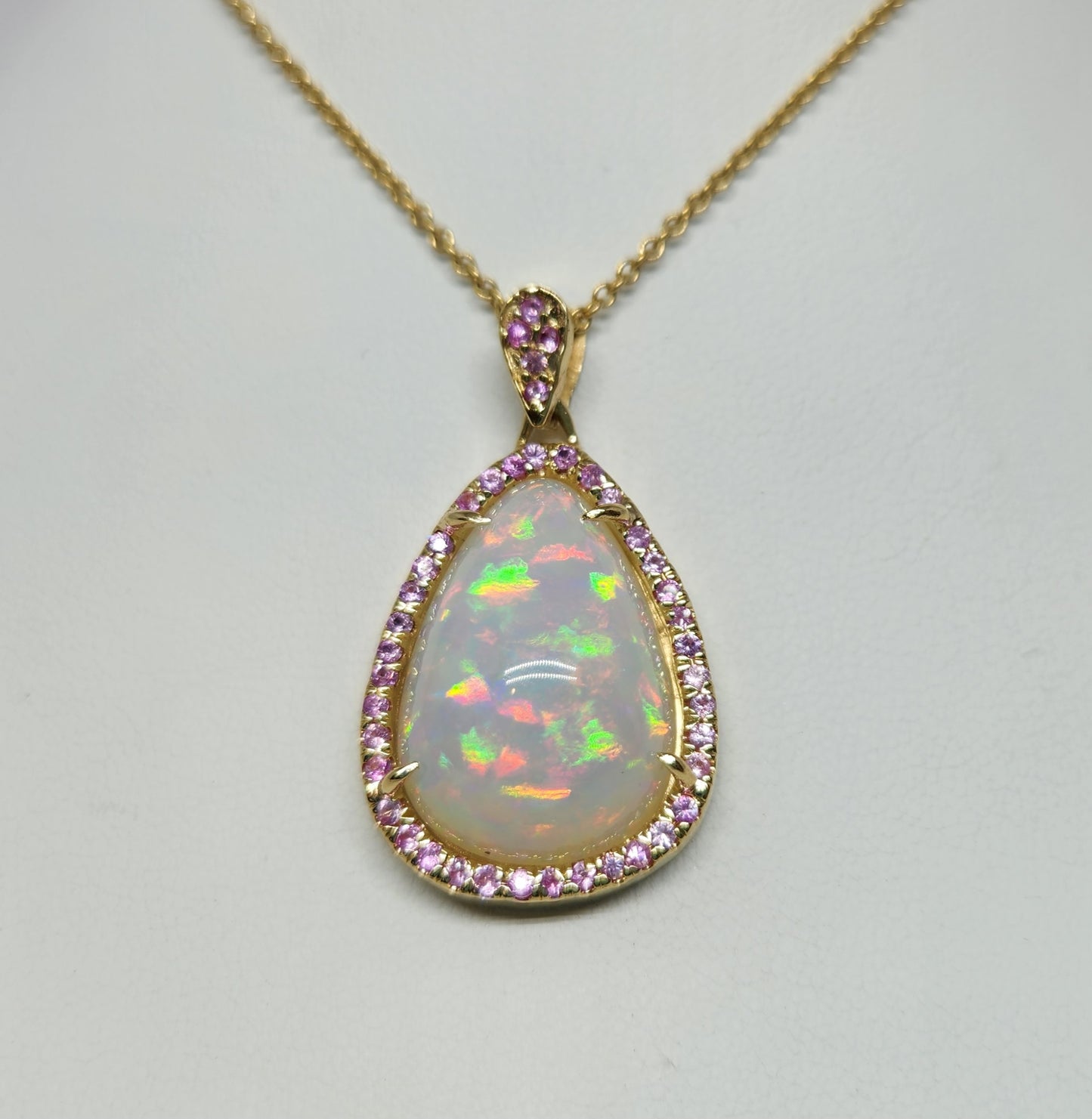 Opal & Pink Sapphire Pendant 14k Yellow Gold Pendant Necklace #391