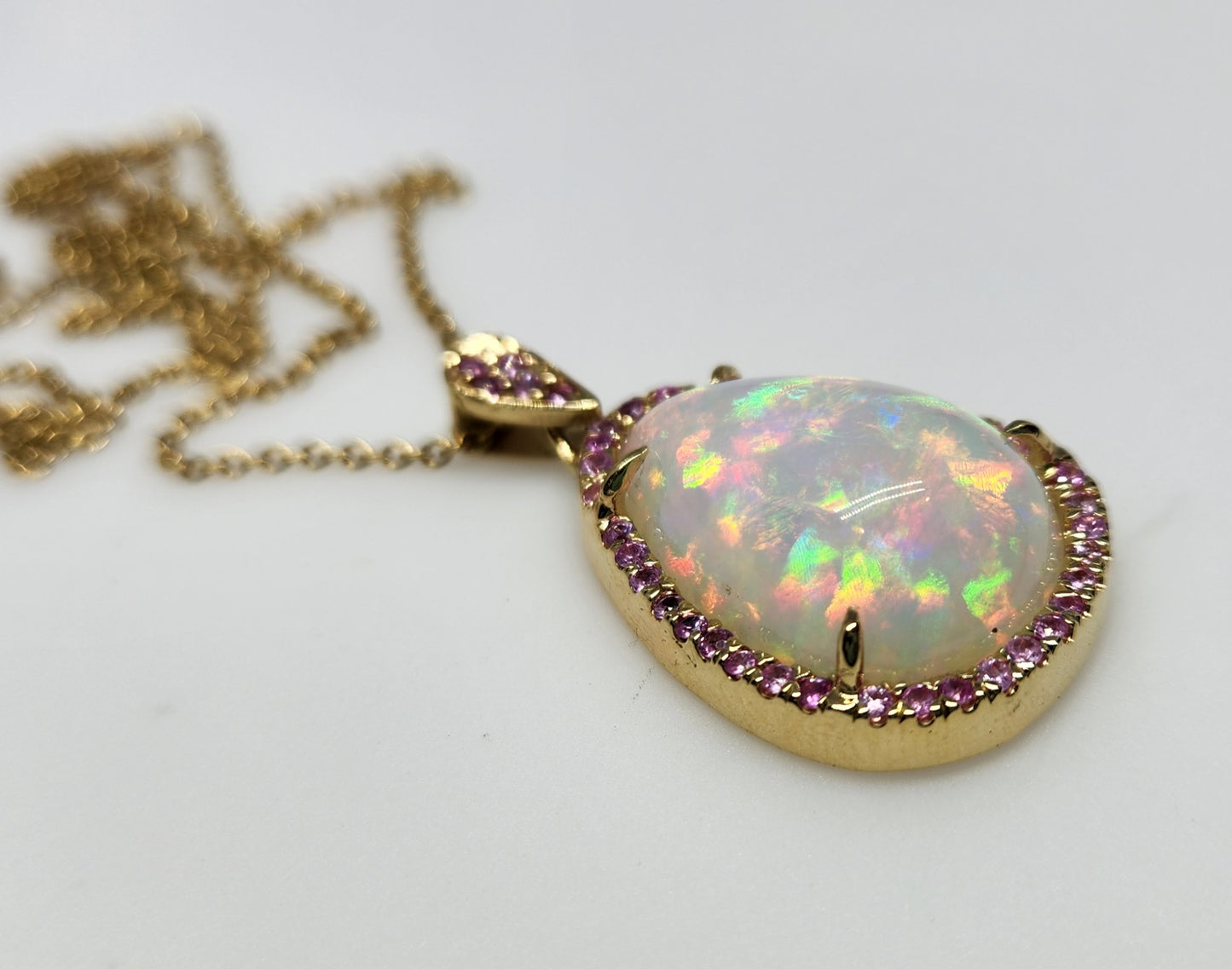 Opal & Pink Sapphire Pendant 14k Yellow Gold Pendant Necklace #391