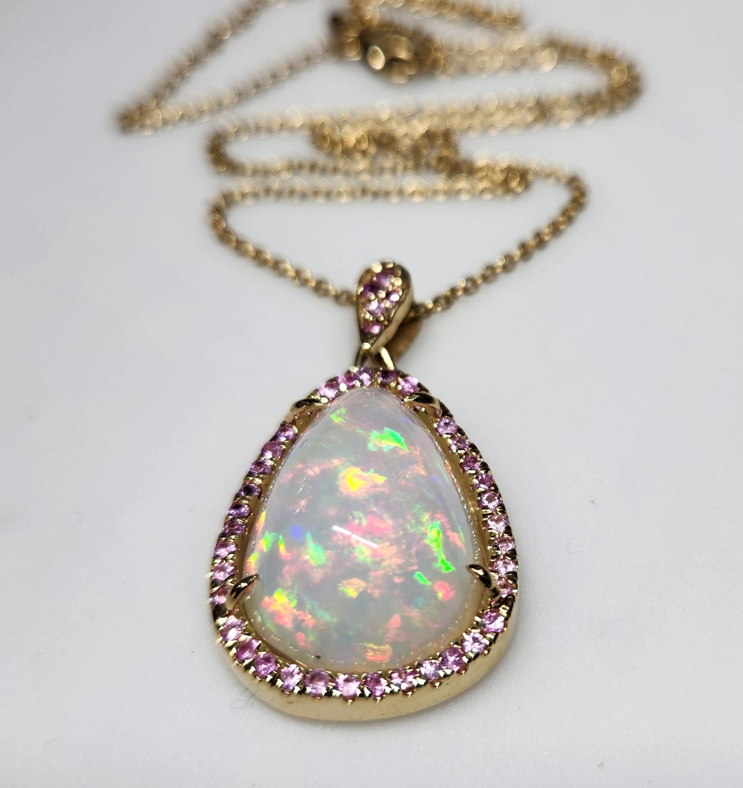 Opal & Pink Sapphire Pendant 14k Yellow Gold Pendant Necklace #391