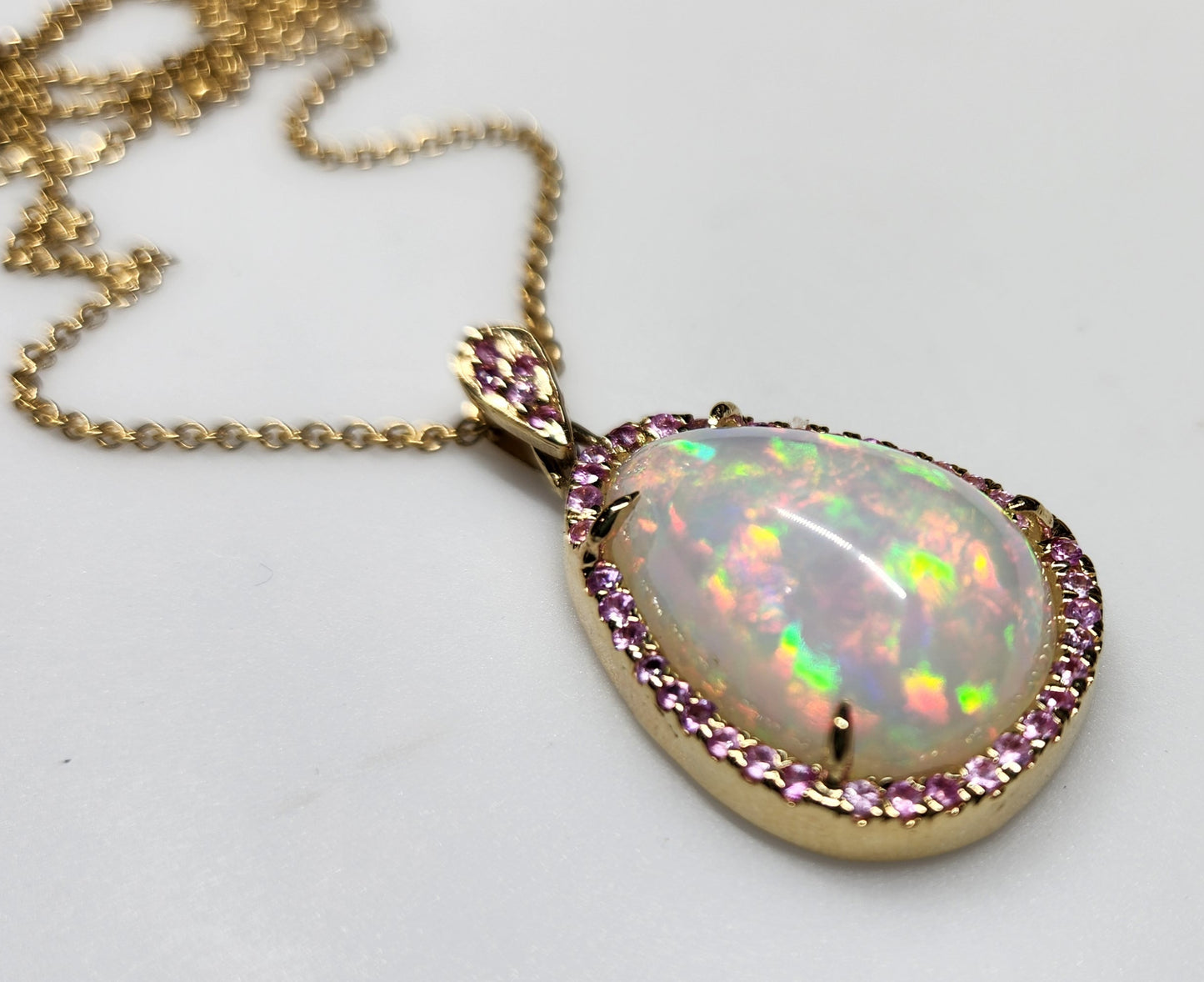 Opal & Pink Sapphire Pendant 14k Yellow Gold Pendant Necklace #391