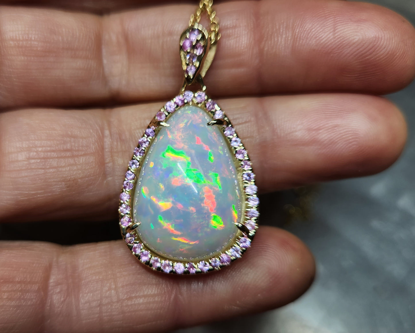 Opal & Pink Sapphire Pendant 14k Yellow Gold Pendant Necklace #391