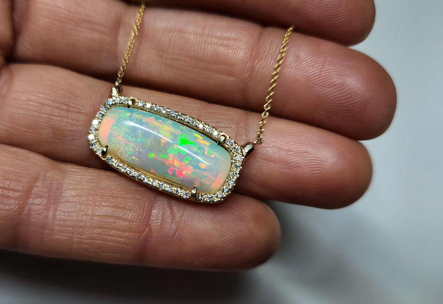Opal & Diamond Pendant 14k Yellow Gold Split Chain Necklace #390