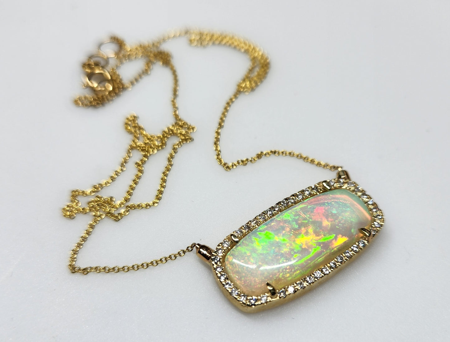 Opal & Diamond Pendant 14k Yellow Gold Split Chain Necklace #390