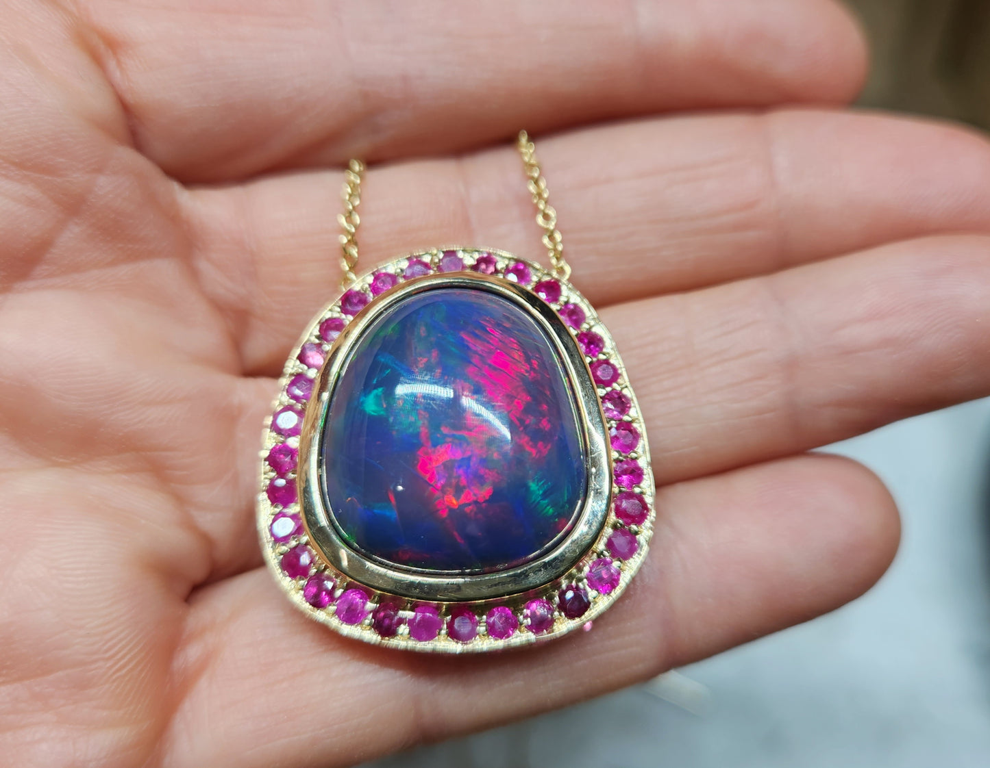 Black Opal & Ruby Pendant 14k Yellow Gold Necklace #397