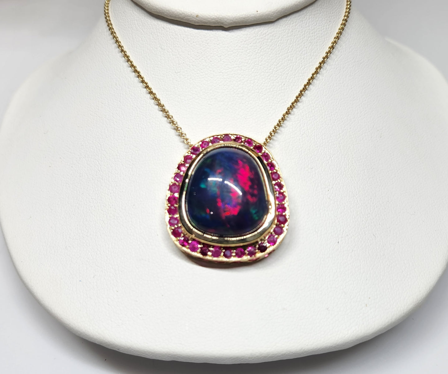 Black Opal & Ruby Pendant 14k Yellow Gold Necklace #397