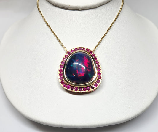 Black Opal & Ruby Pendant 14k Yellow Gold Necklace #397