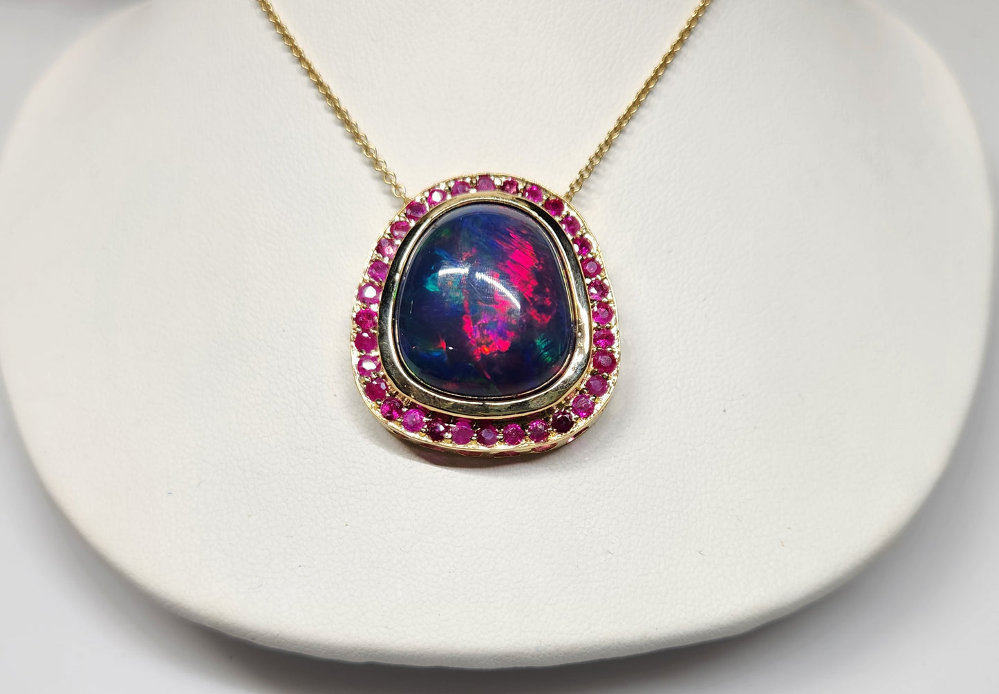 Black Opal & Ruby Pendant 14k Yellow Gold Necklace #397