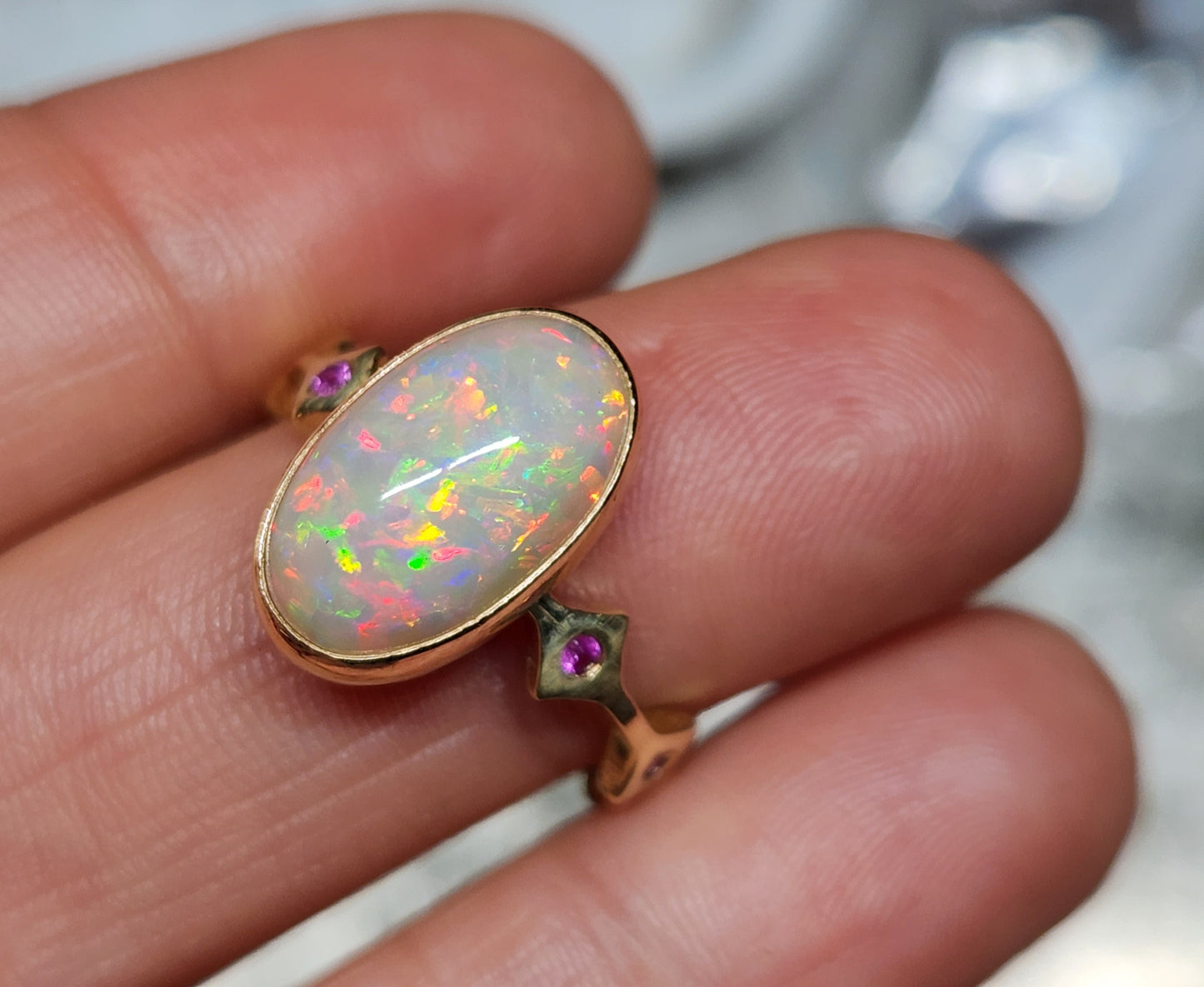 Opal & Moissanite Three Stacking Ring Set 14k Gold #405