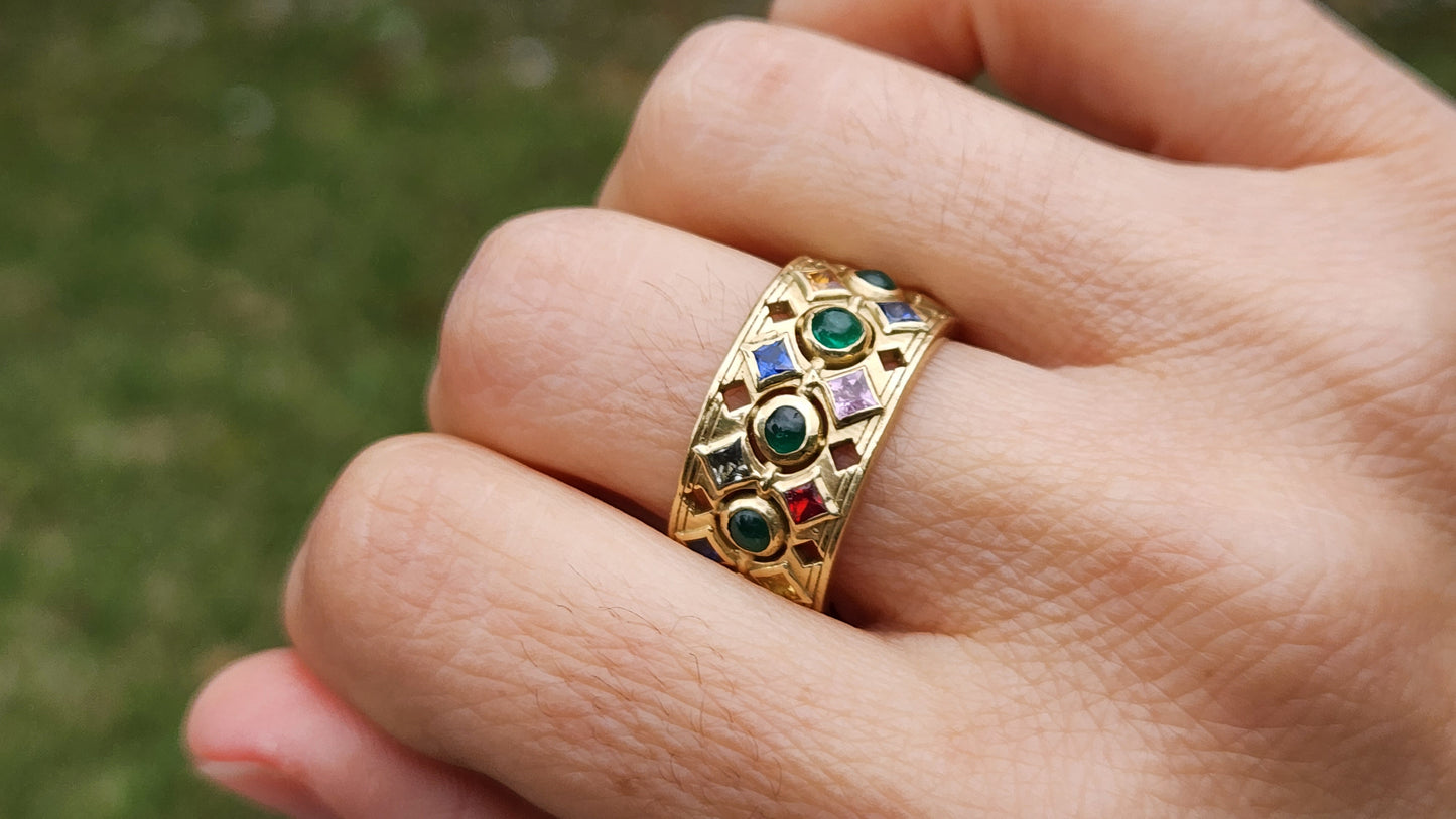 18k Yellow Gold Emerald & Sapphire Gemstone Ring Band #400