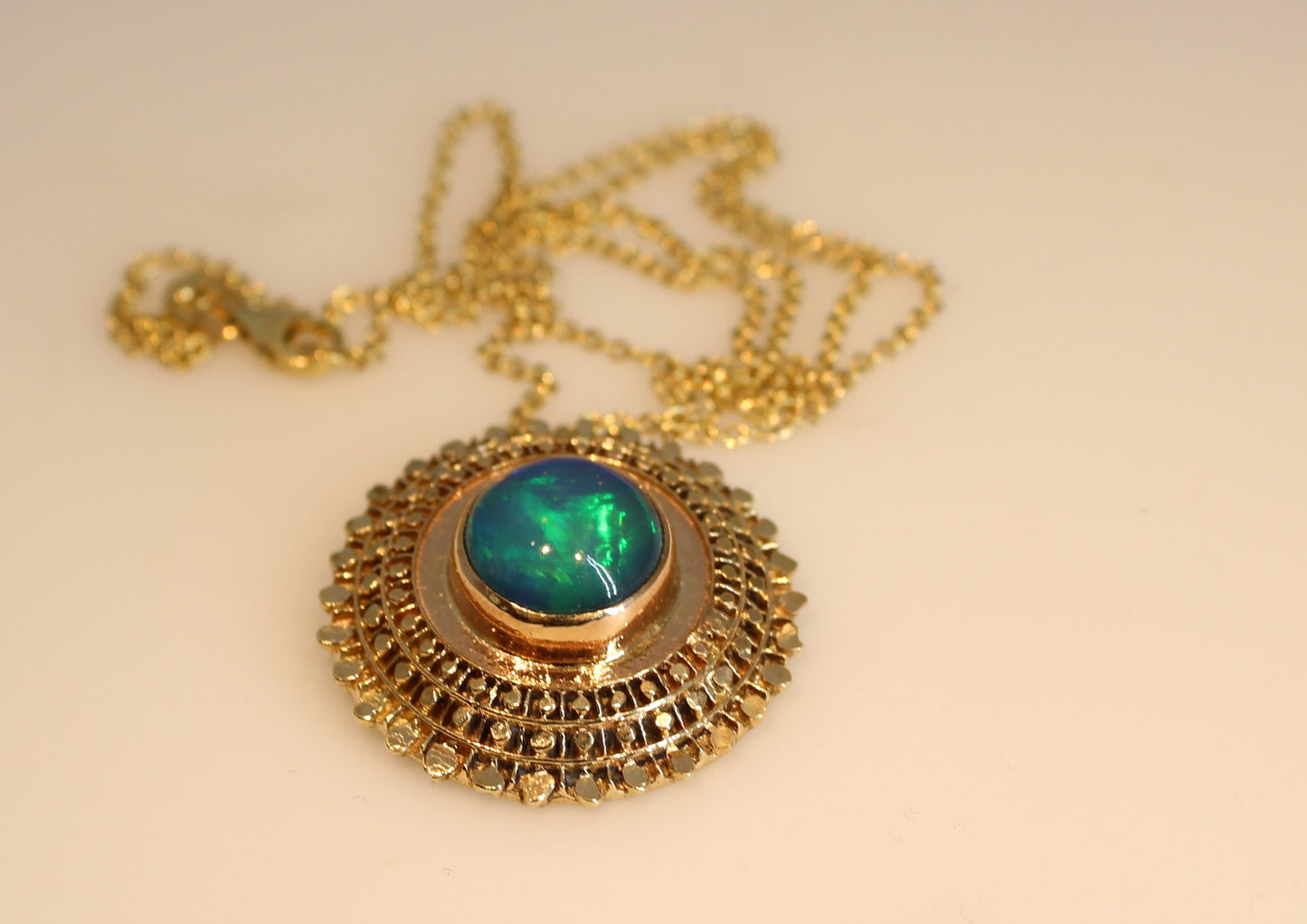 Green Opal Madallion Pendant 14k Gold Jewelry #208