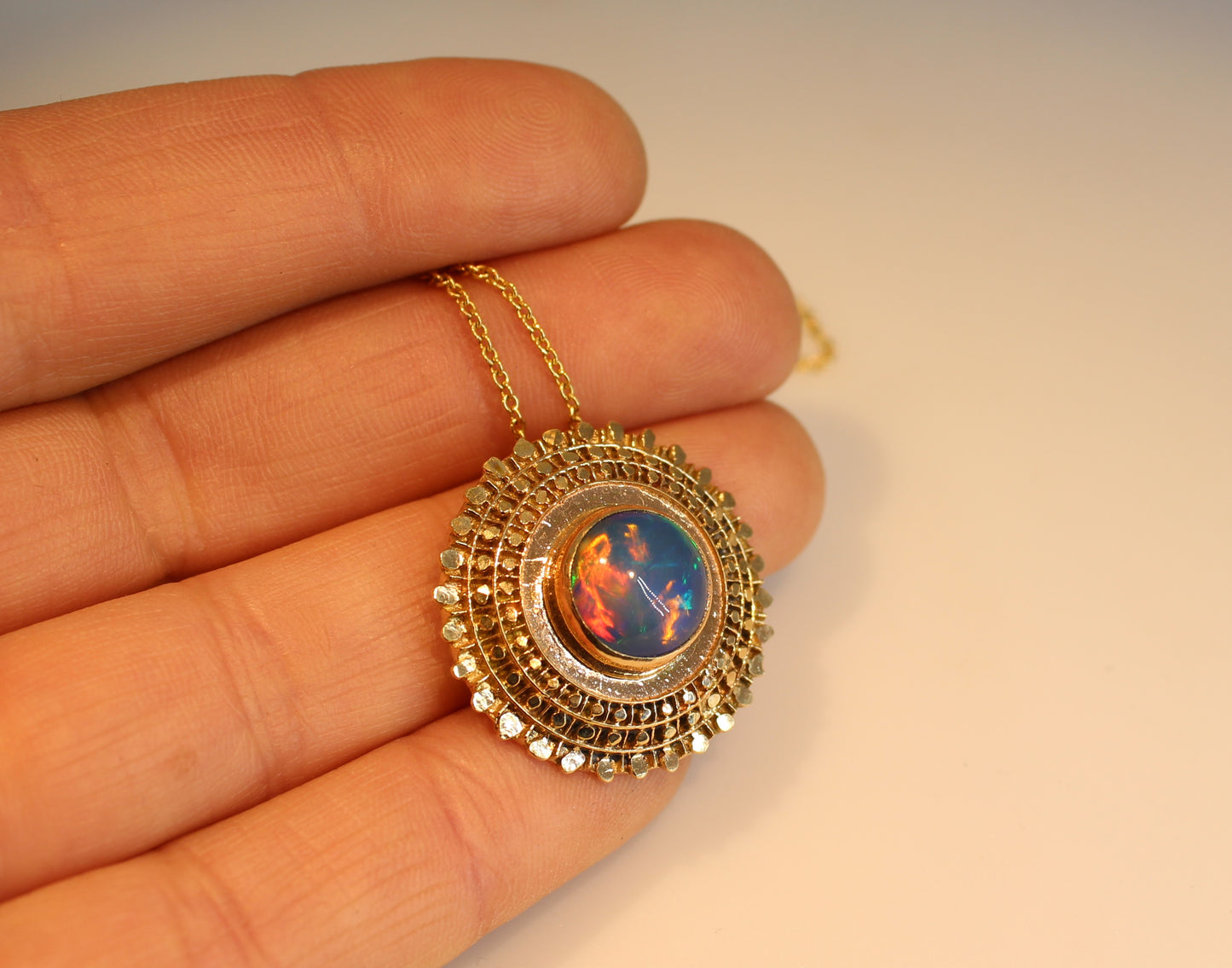 Blue Opal Madallion Pendant 14k Gold Jewelry #209