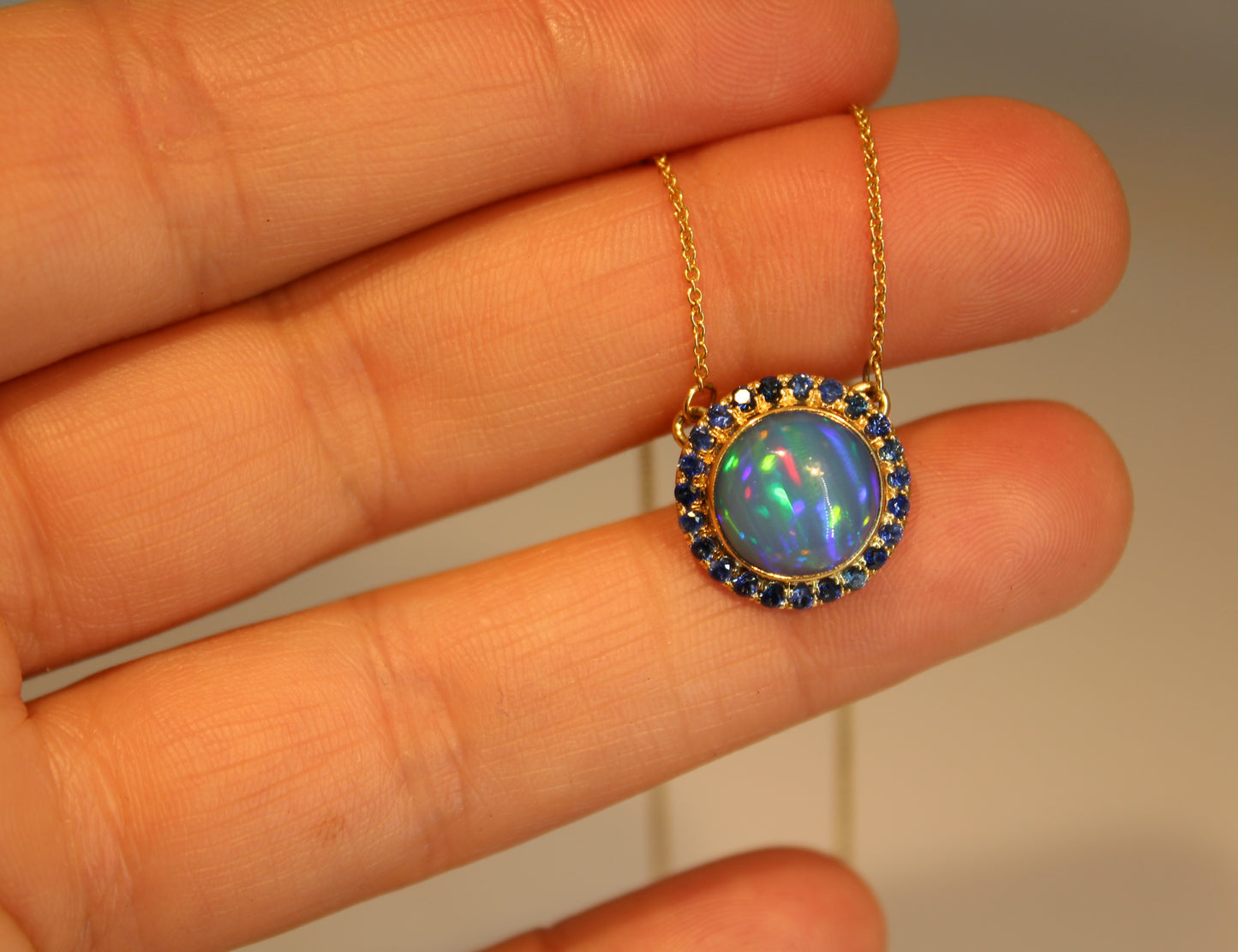 Blue Opal & Sapphire Pendant Split Chain #210