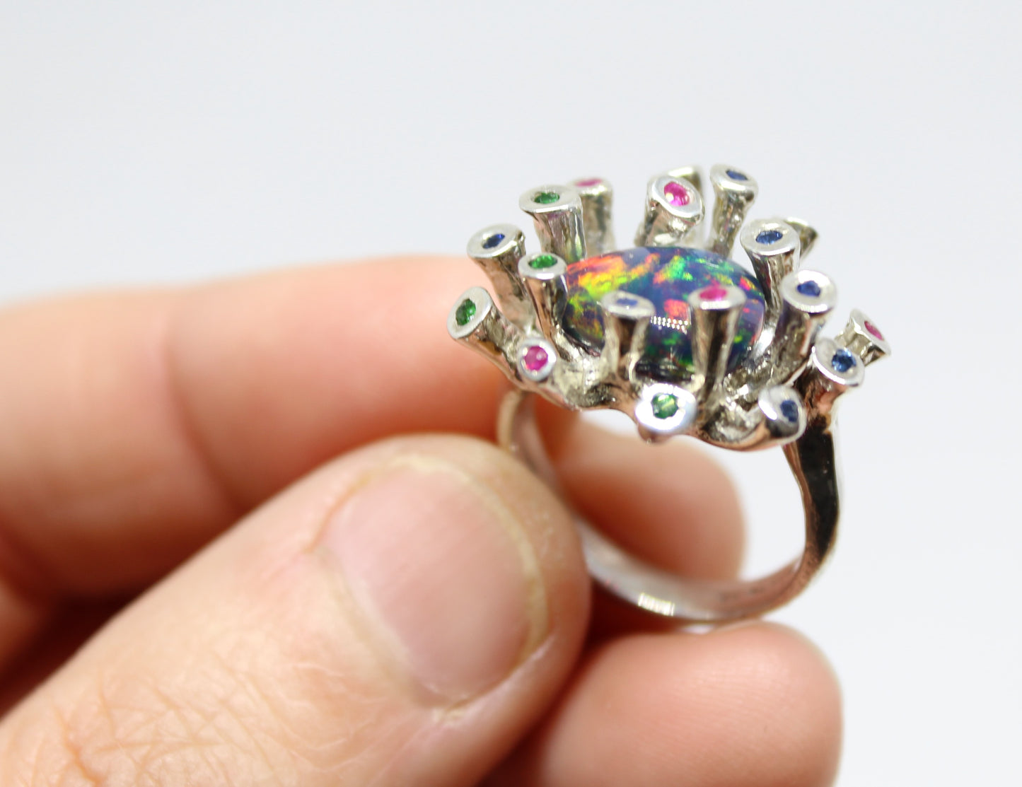 Black Opal & Gemstones Sterling Silver Ring - Handmade Jewelry #217