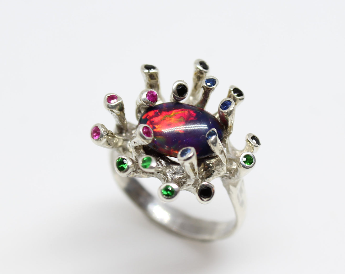Black Opal & Gemstones Sterling Silver Ring - Handmade Jewelry #218