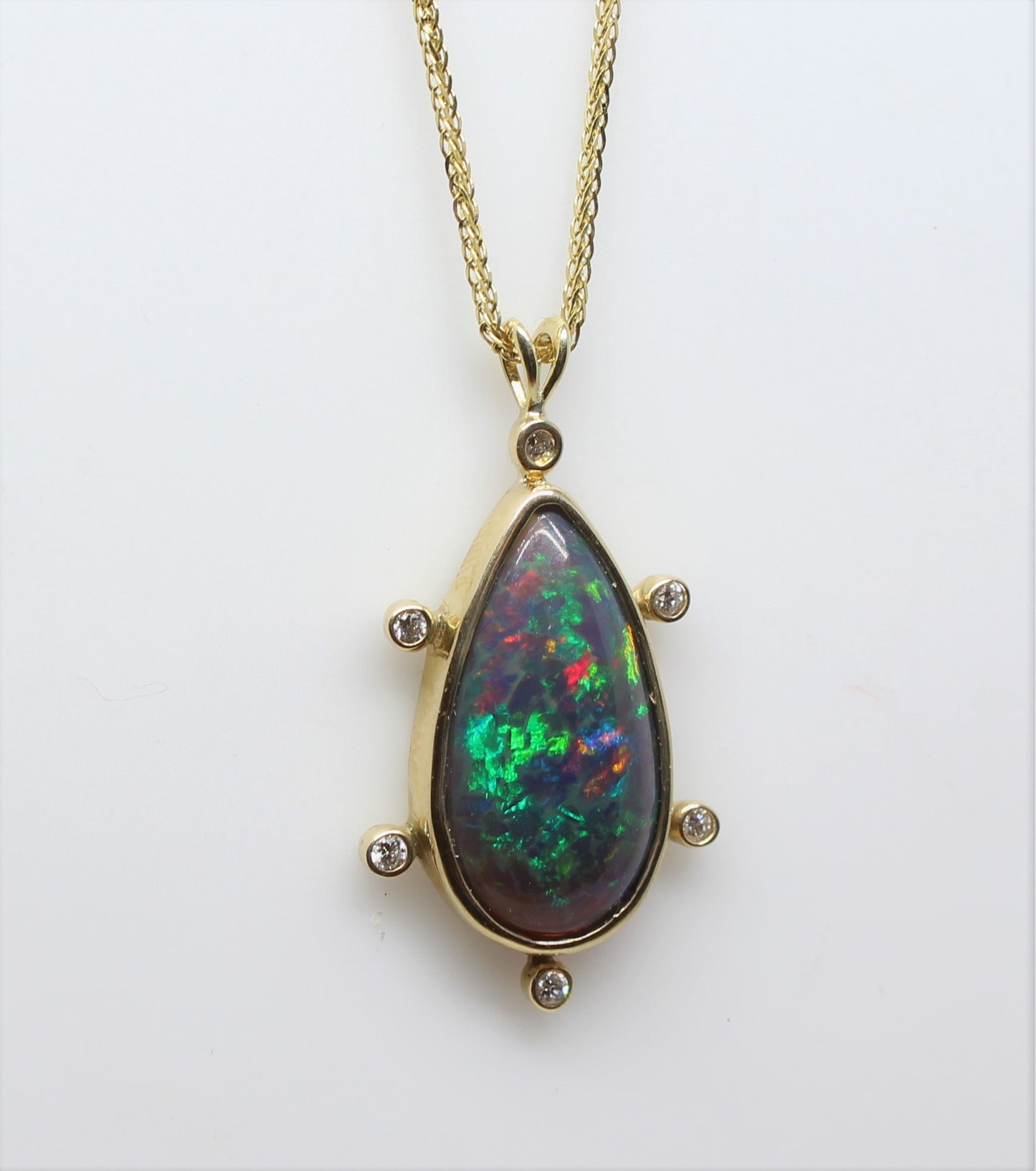 Black Opal & Diamond Pendant 14k Yellow Gold Gemstone Necklace #230