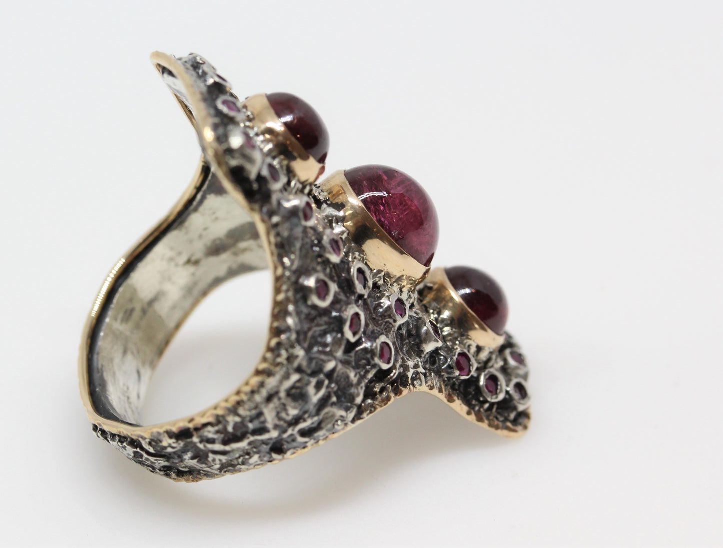 Pink Tourmaline & Ruby Ring - Sterling Silver & Gold Rustic Gemstone Jewelry #236