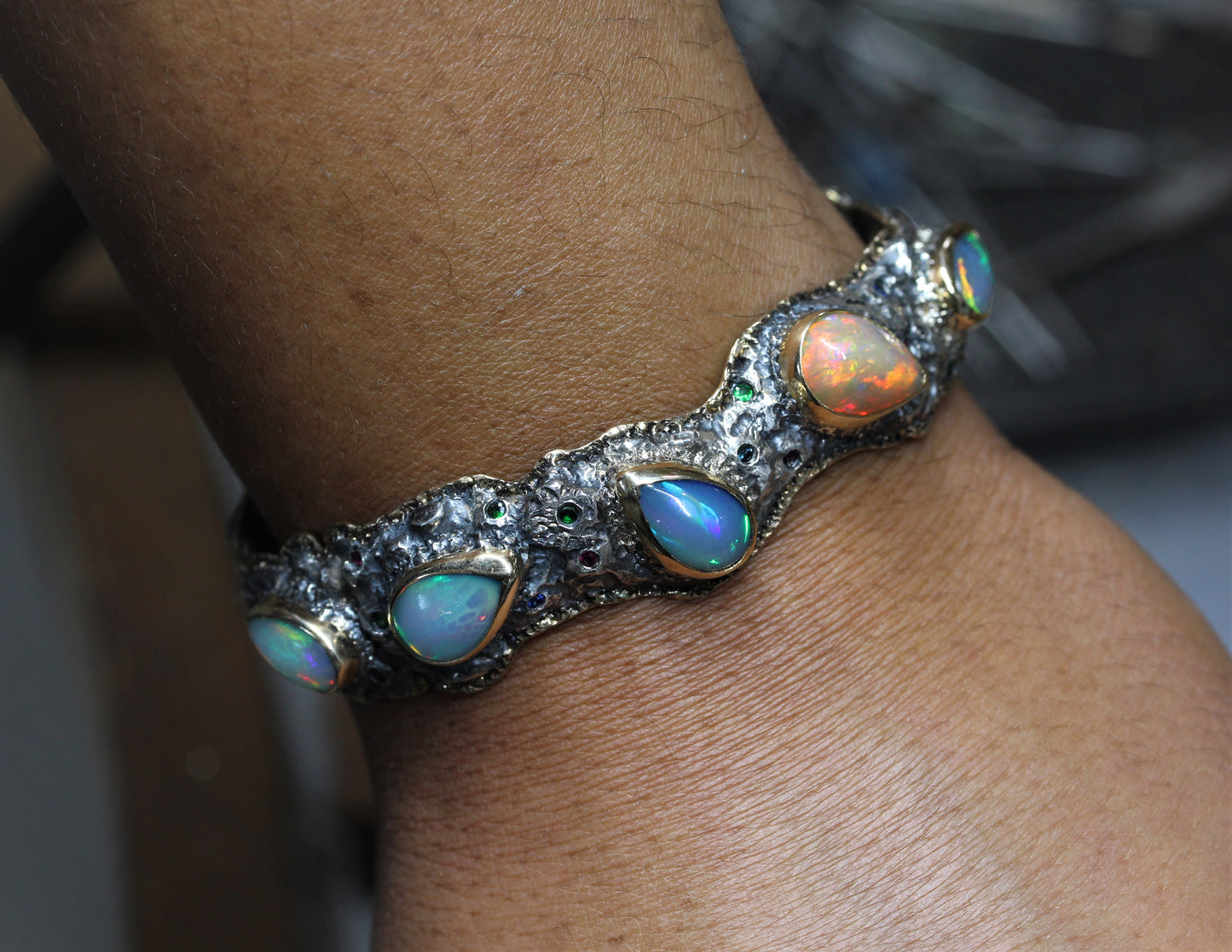 Rustic Silver & Gold Opal Gemstone Cuff Bracelet #241