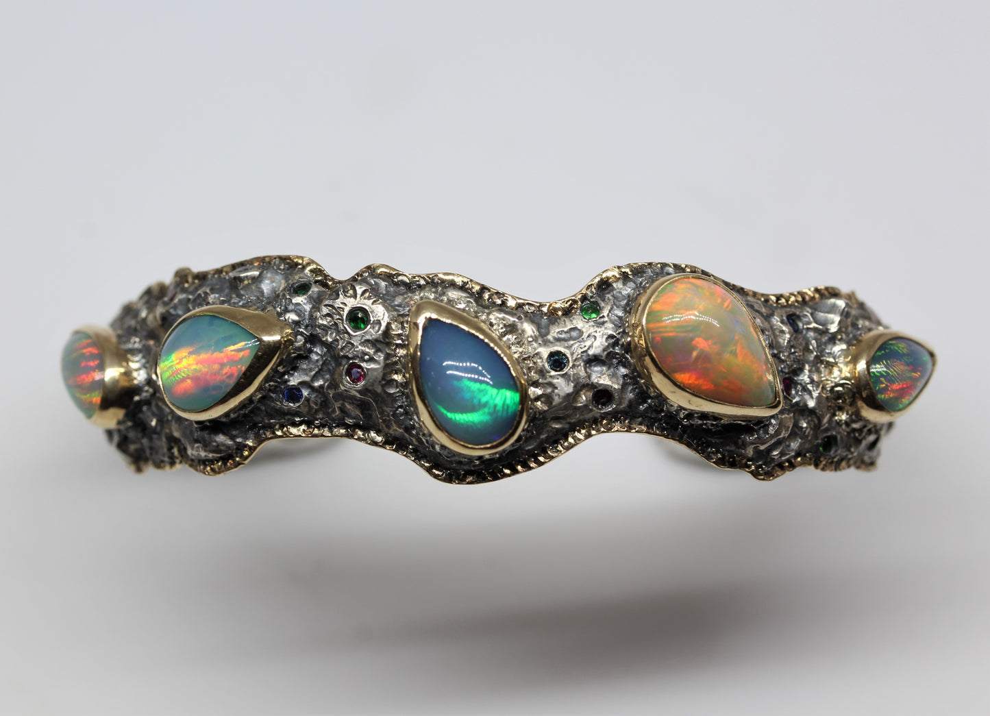 Rustic Silver & Gold Opal Gemstone Cuff Bracelet #241