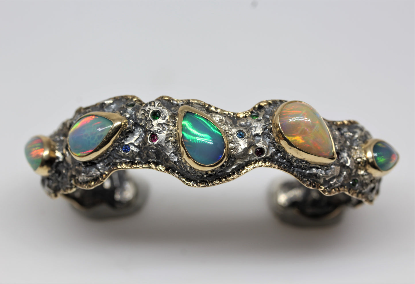 Rustic Silver & Gold Opal Gemstone Cuff Bracelet #241