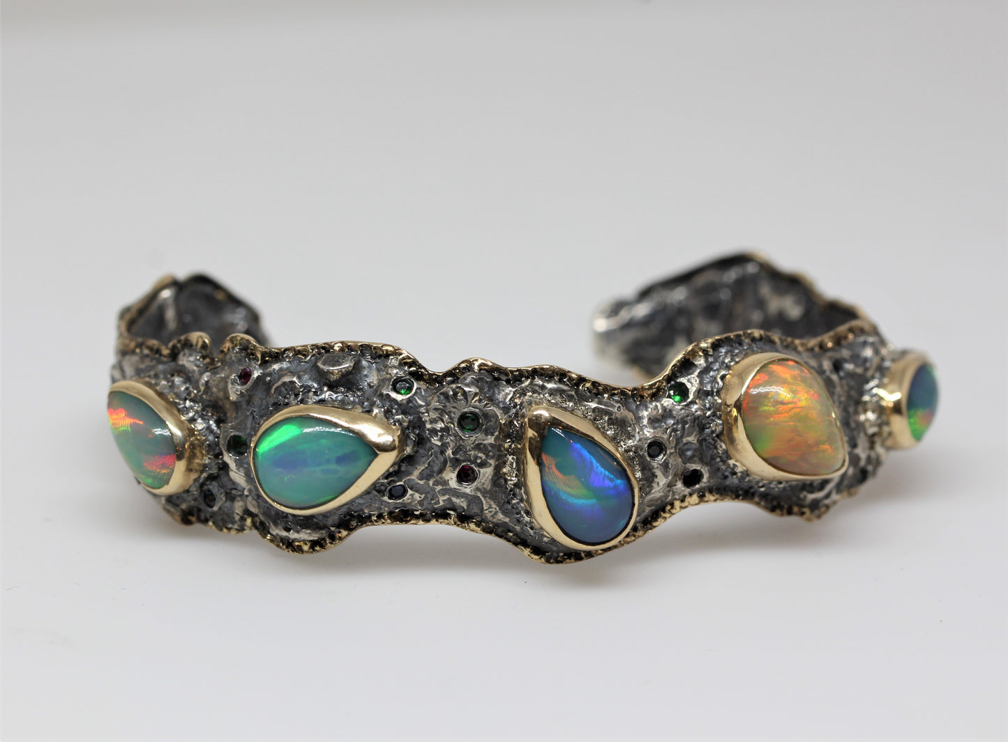Rustic Silver & Gold Opal Gemstone Cuff Bracelet #241