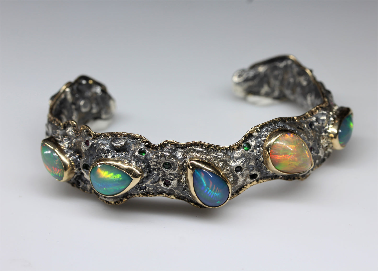 Rustic Silver & Gold Opal Gemstone Cuff Bracelet #241