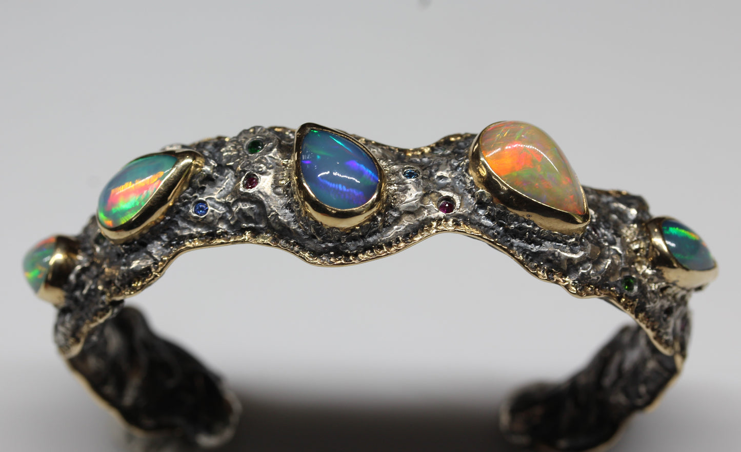 Rustic Silver & Gold Opal Gemstone Cuff Bracelet #241