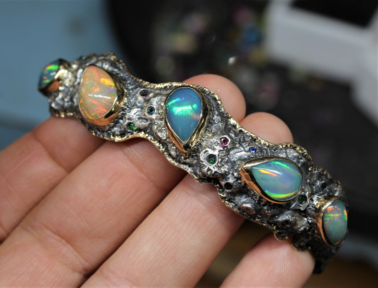 Rustic Silver & Gold Opal Gemstone Cuff Bracelet #241
