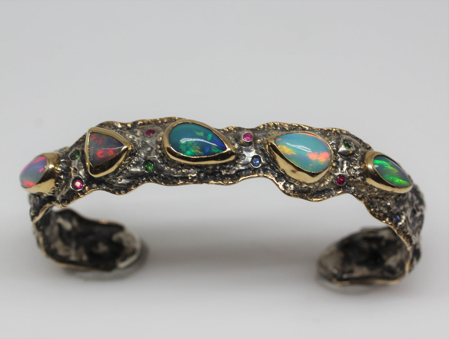 Rustic Silver & Gold Opal Gemstone Cuff Bracelet #242