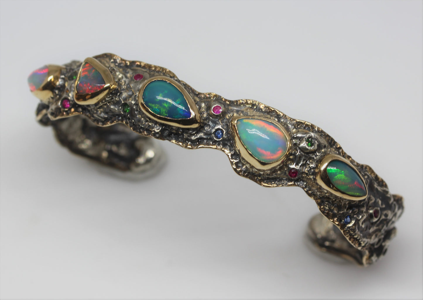 Rustic Silver & Gold Opal Gemstone Cuff Bracelet #242