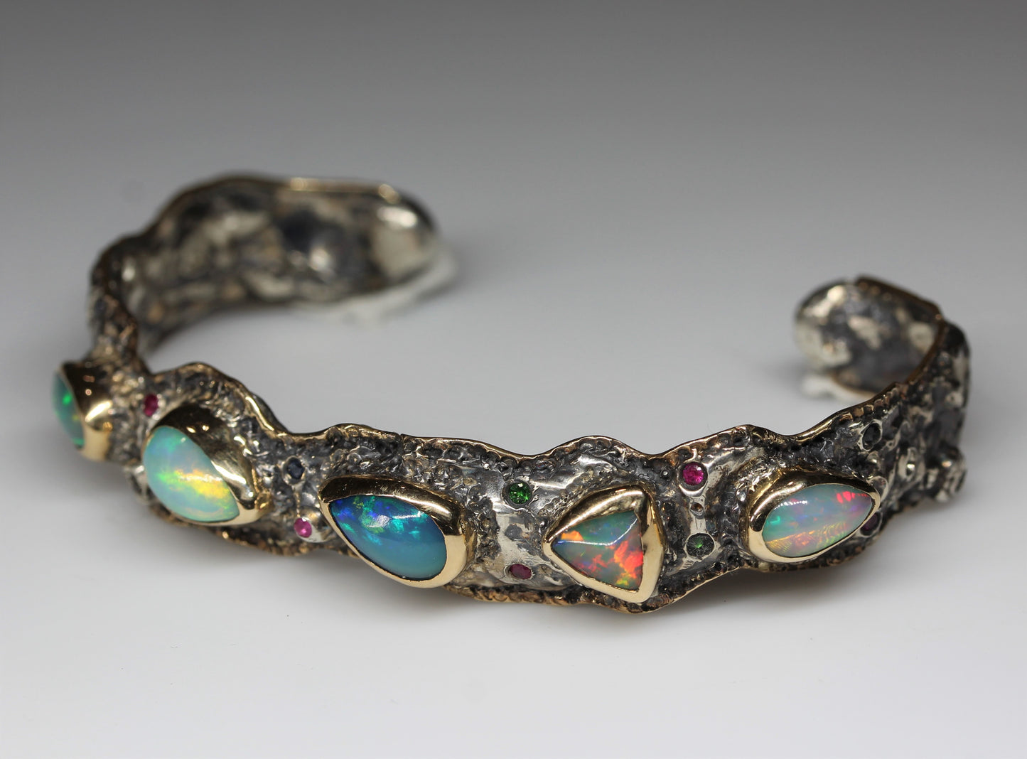 Rustic Silver & Gold Opal Gemstone Cuff Bracelet #242