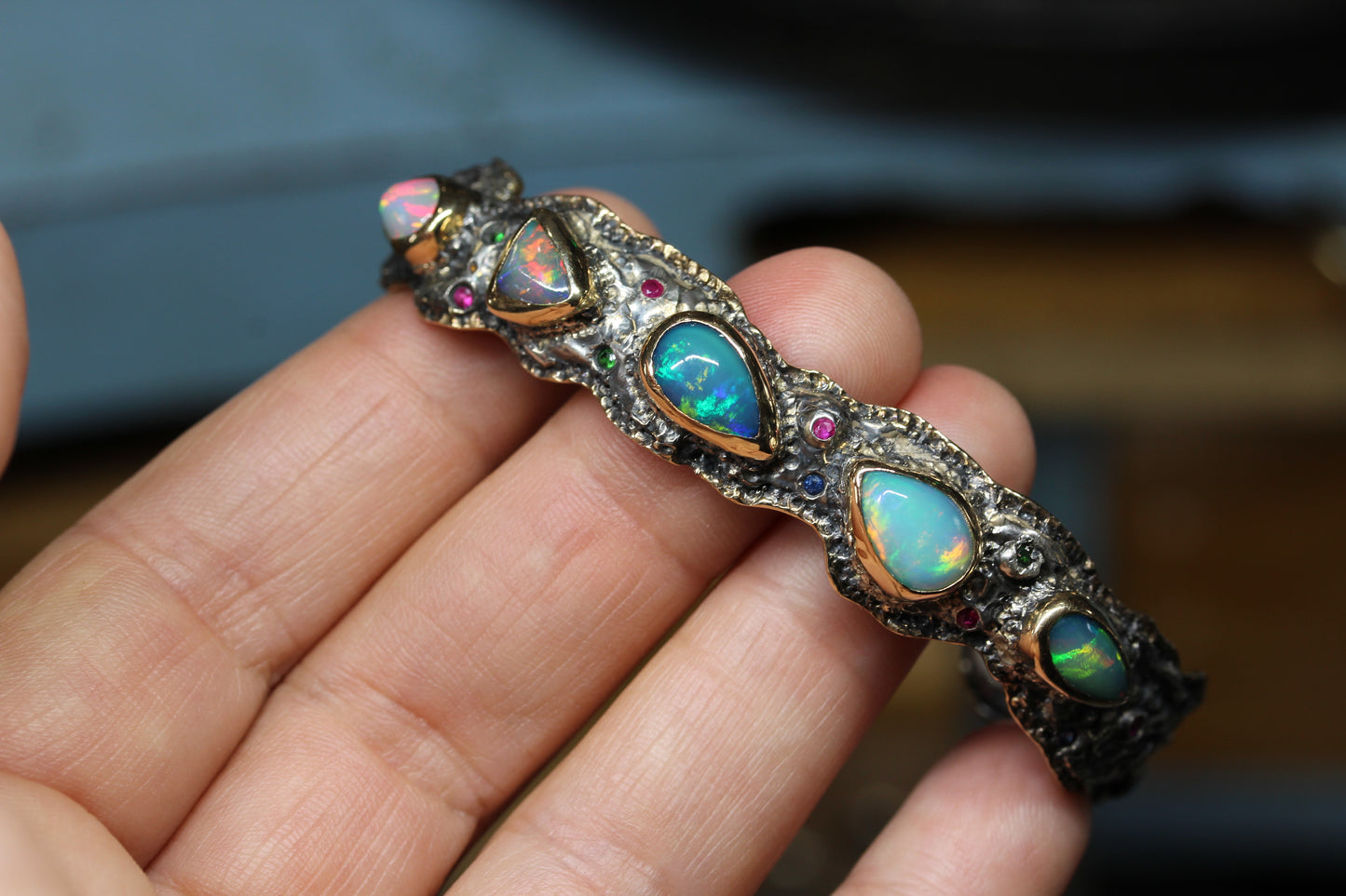 Rustic Silver & Gold Opal Gemstone Cuff Bracelet #242