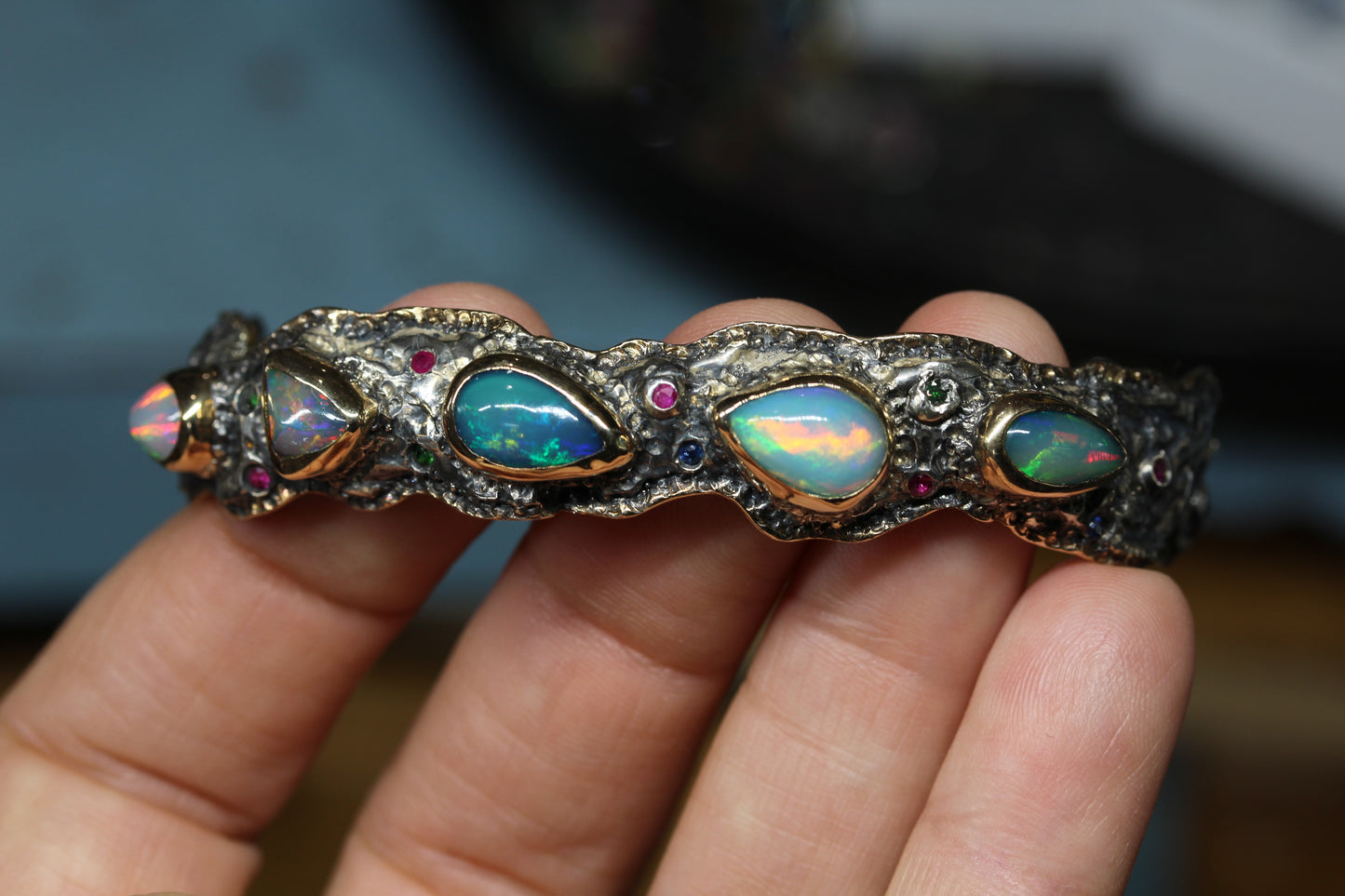 Rustic Silver & Gold Opal Gemstone Cuff Bracelet #242
