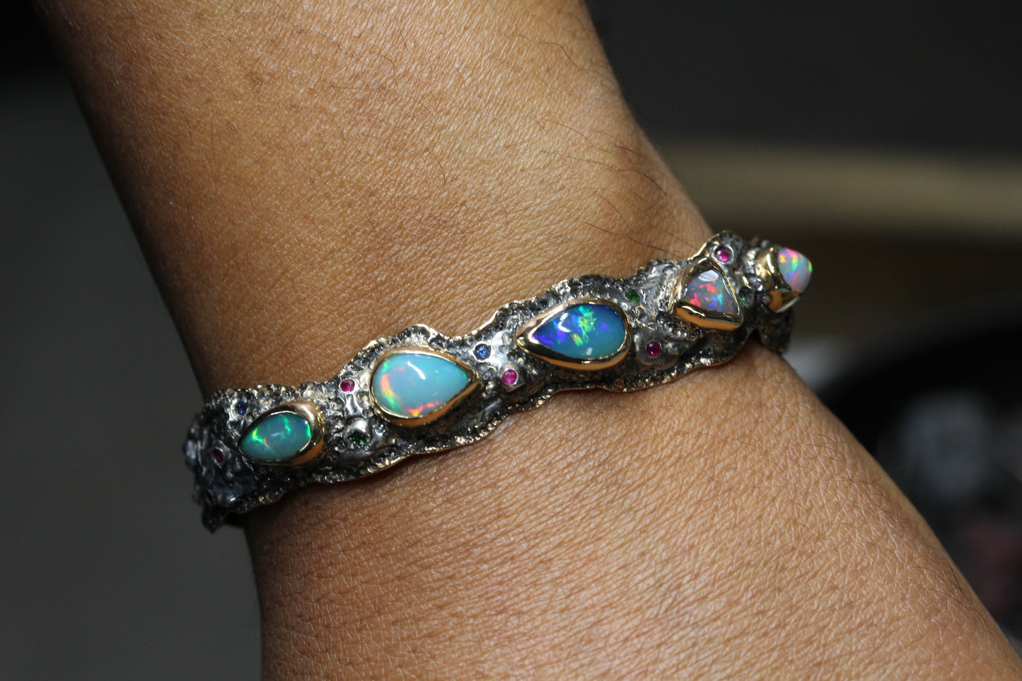 Rustic Silver & Gold Opal Gemstone Cuff Bracelet #242