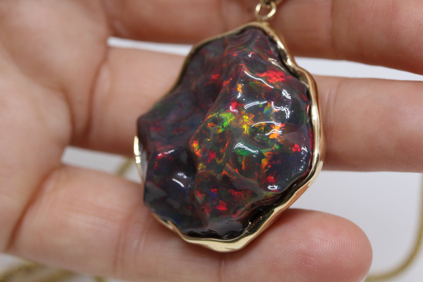 Carved Black Opal 14k Gold Pendant #243