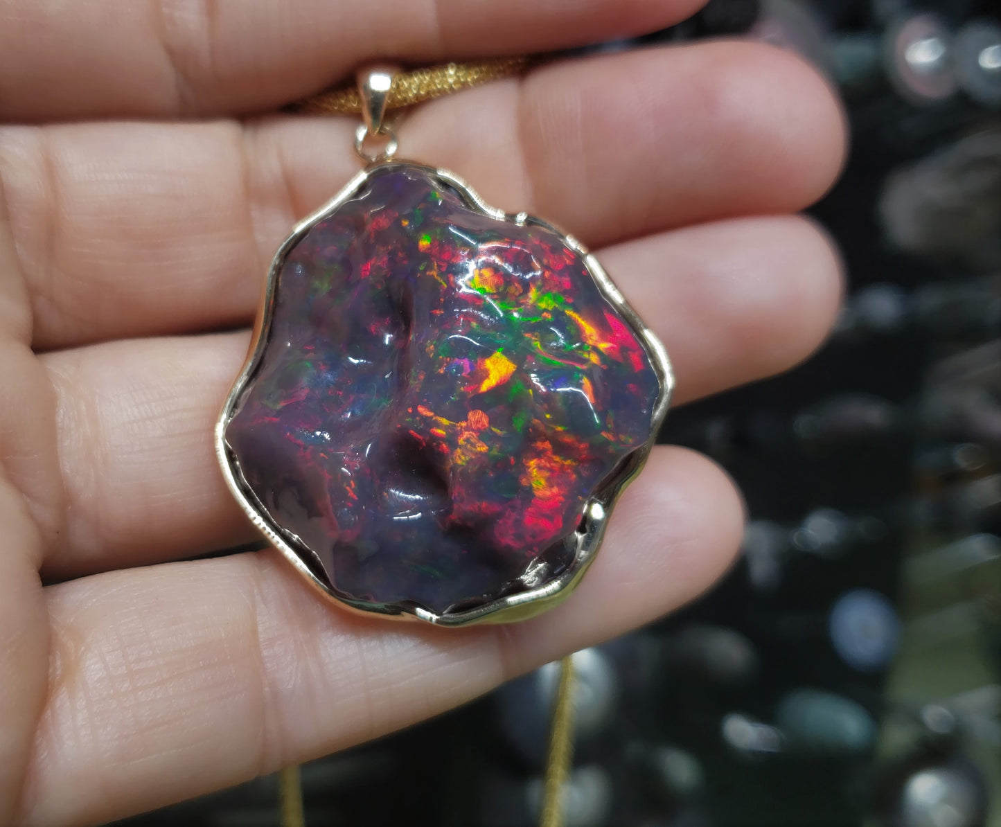 Carved Black Opal 14k Gold Pendant #243