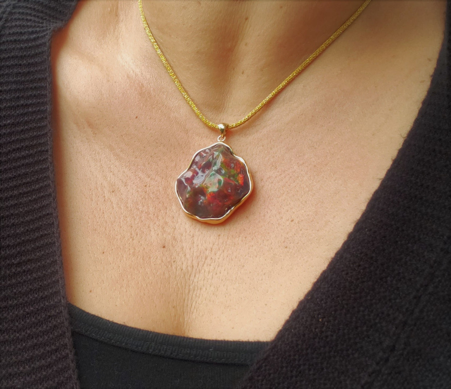 Carved Black Opal 14k Gold Pendant #243