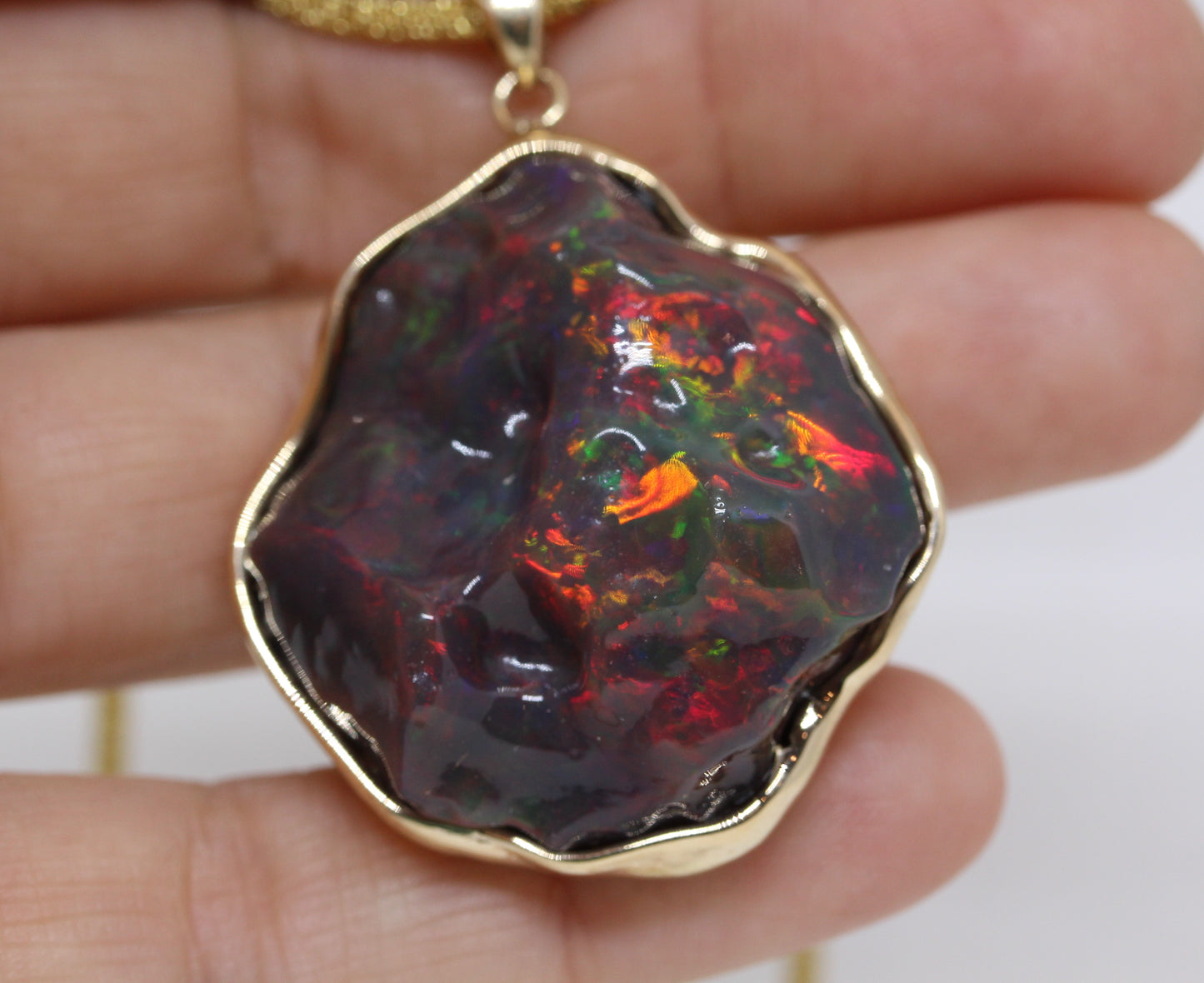 Carved Black Opal 14k Gold Pendant #243