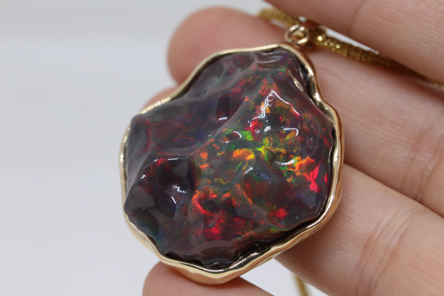Carved Black Opal 14k Gold Pendant #243