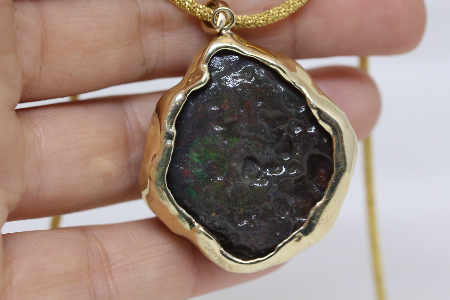 Carved Black Opal 14k Gold Pendant #243