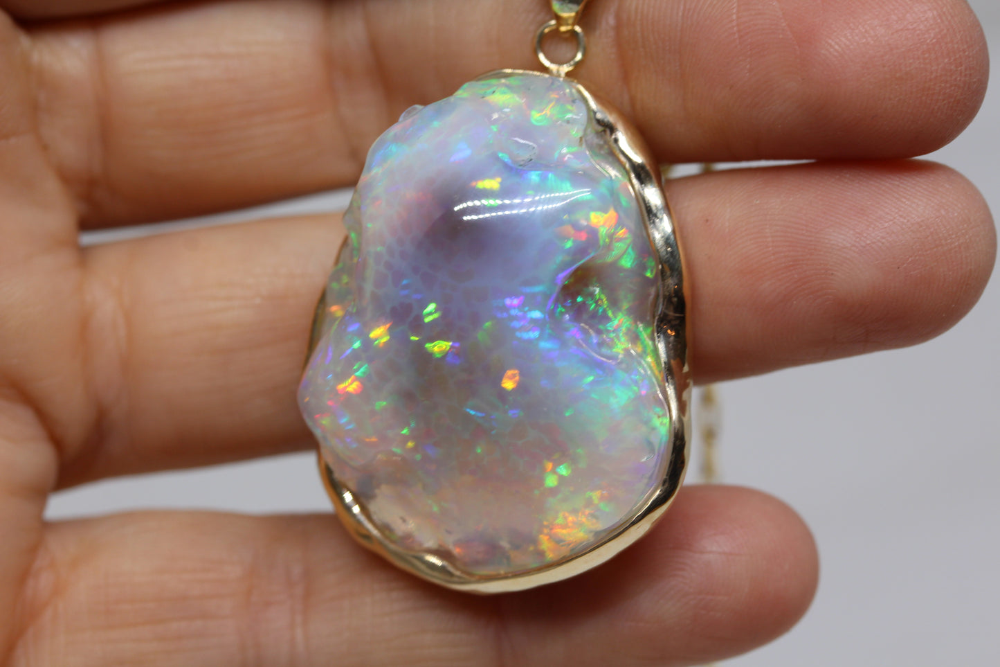 Large Colorful Carved Opal 14k Gold Pendant #250