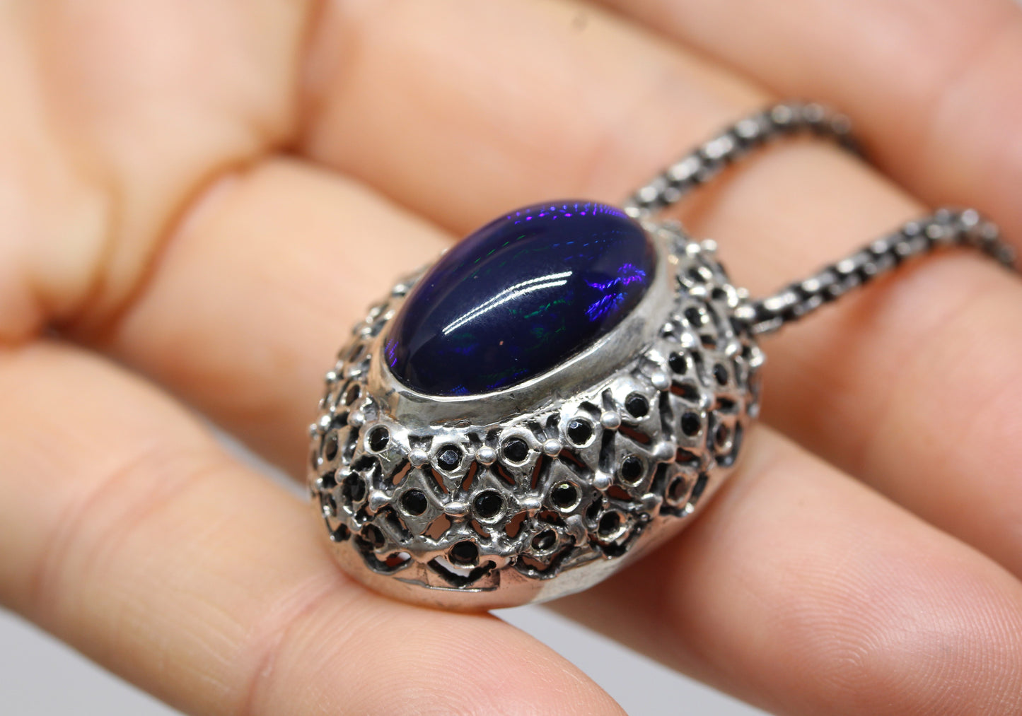 Black Opal & Spinel Pendant Sterling SilverChain Necklace #254