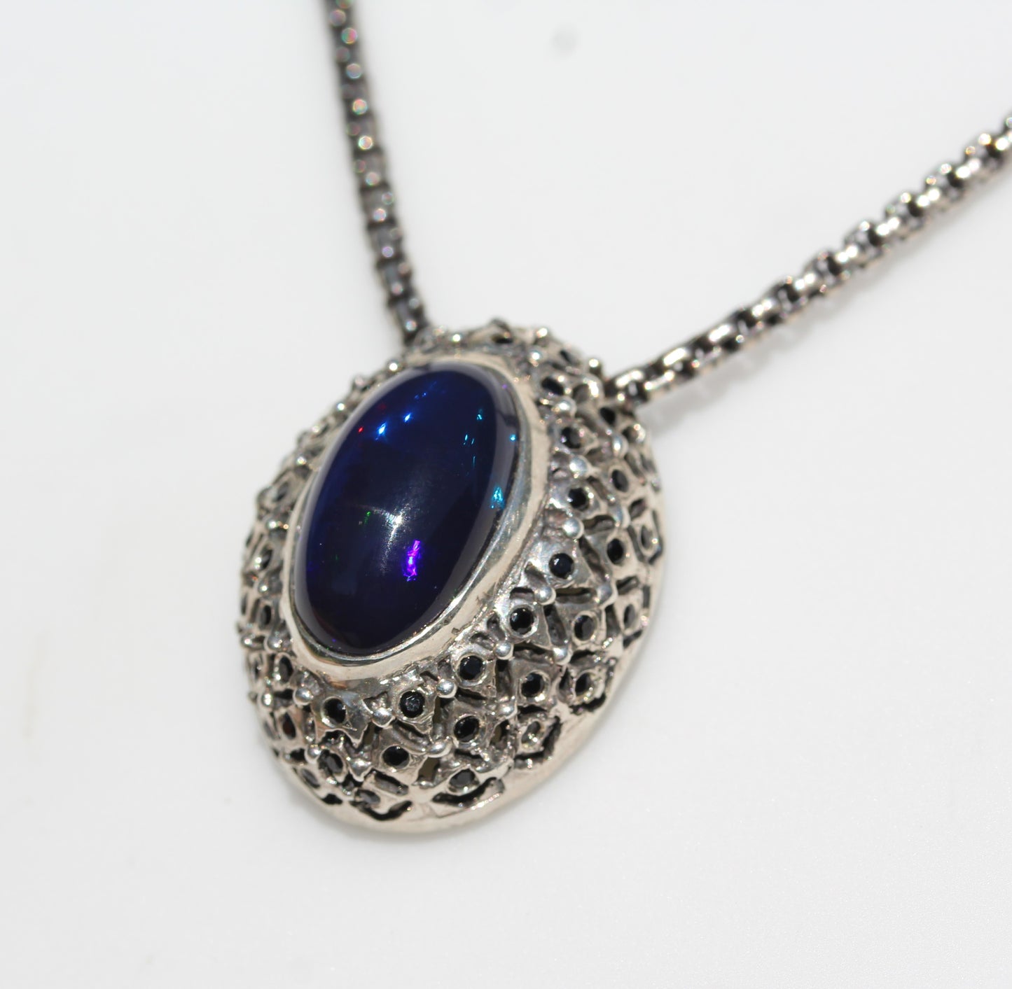 Black Opal & Spinel Pendant Sterling SilverChain Necklace #254